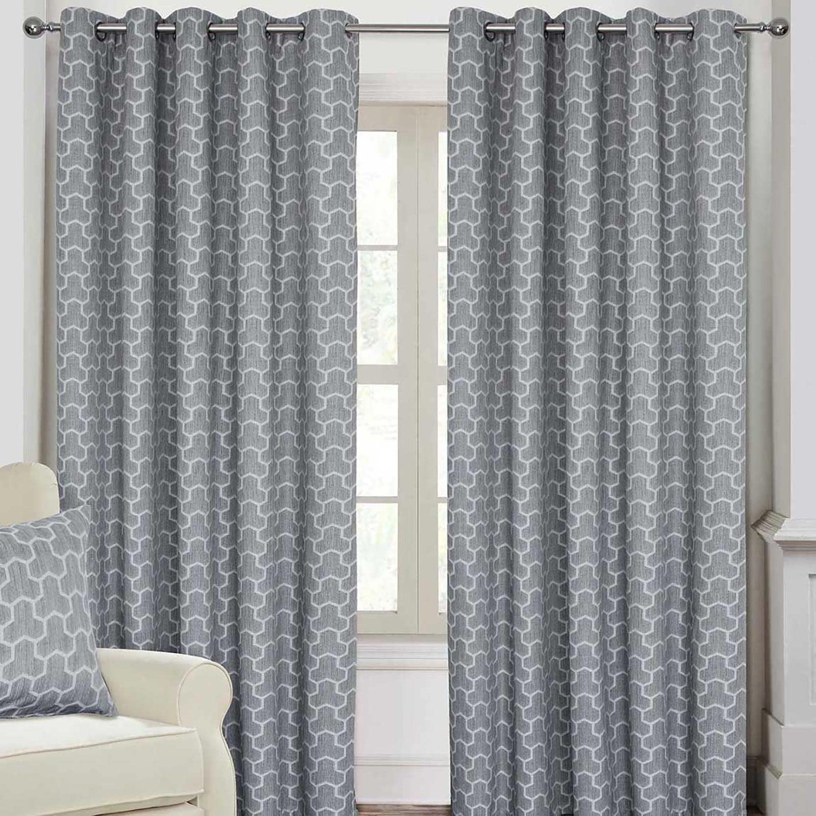 HOMESCAPES Grey Geometric Blackout Curtains Pair Width 117cm (46") x 137cm (54") Drop Genuine 3 Pass Blackout Lining Heavy Weight Jacquard Eyelet Curtain