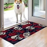 VODRM Horror Skull Indoor Door Mat,Gothic Red Rose Floor Doormat,17x29.5in,Non Woven Non Slip Rubber Backing Goth Rug for Porch Insider,Bedroom,Kitchen,Doormats Gifts,Rv Camper Decor