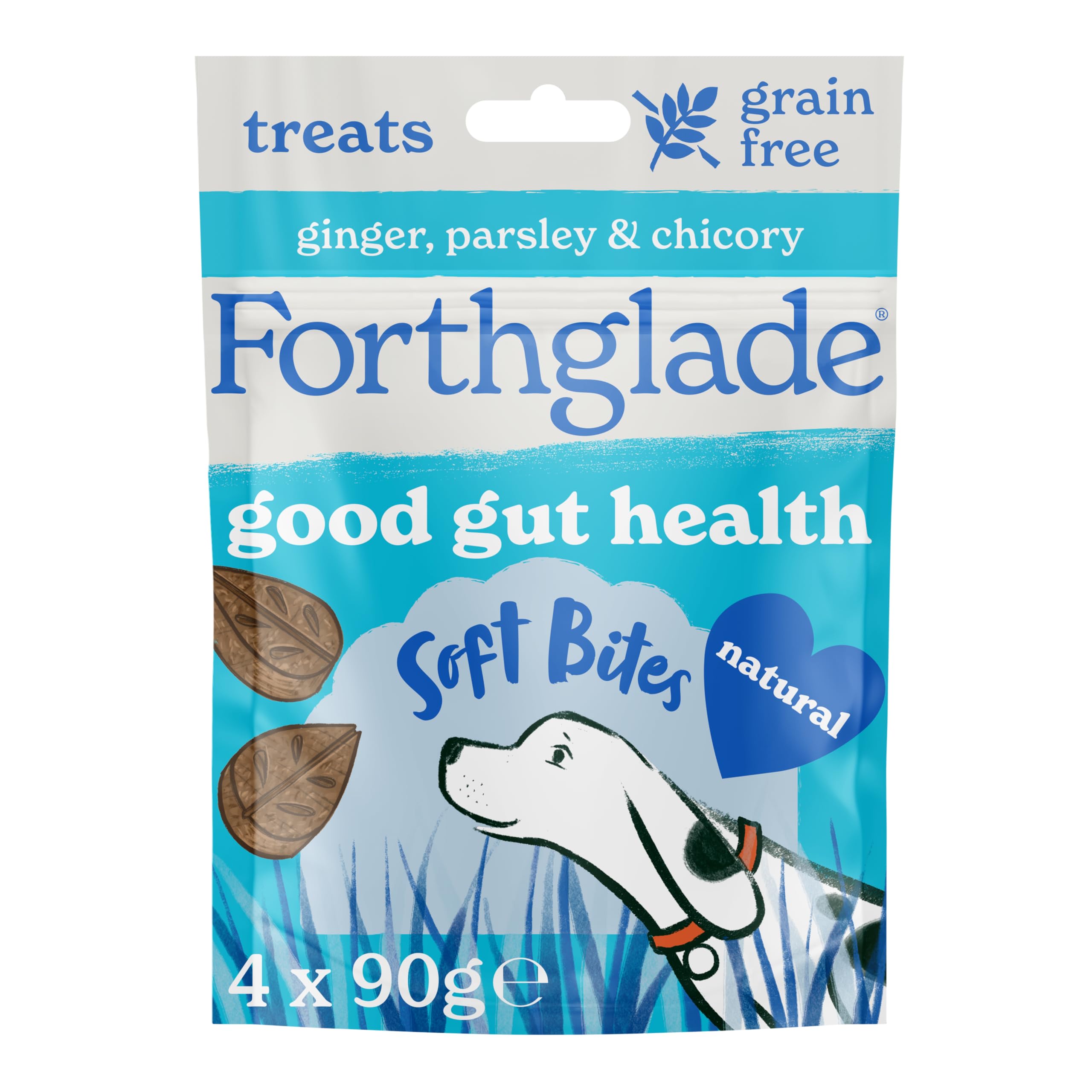 Forthglade Natural Dog Treats (4 x 90g Bags) - Hypoallergenic & Grain Free Dog Treats with Chicken, Ginger, Parsley & Chicory, Soft Bites for Good Gut Health, Resealable Bags