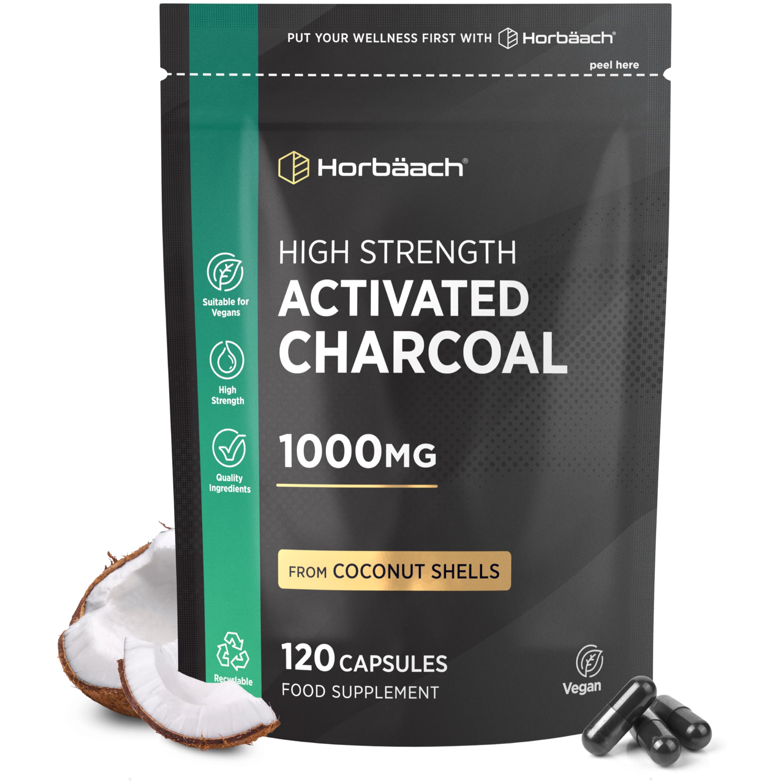Activated Charcoal Capsules | High Strength 1000mg | Supplement from Natural Coconut | 120 Vegan Tablets | by Horbaach