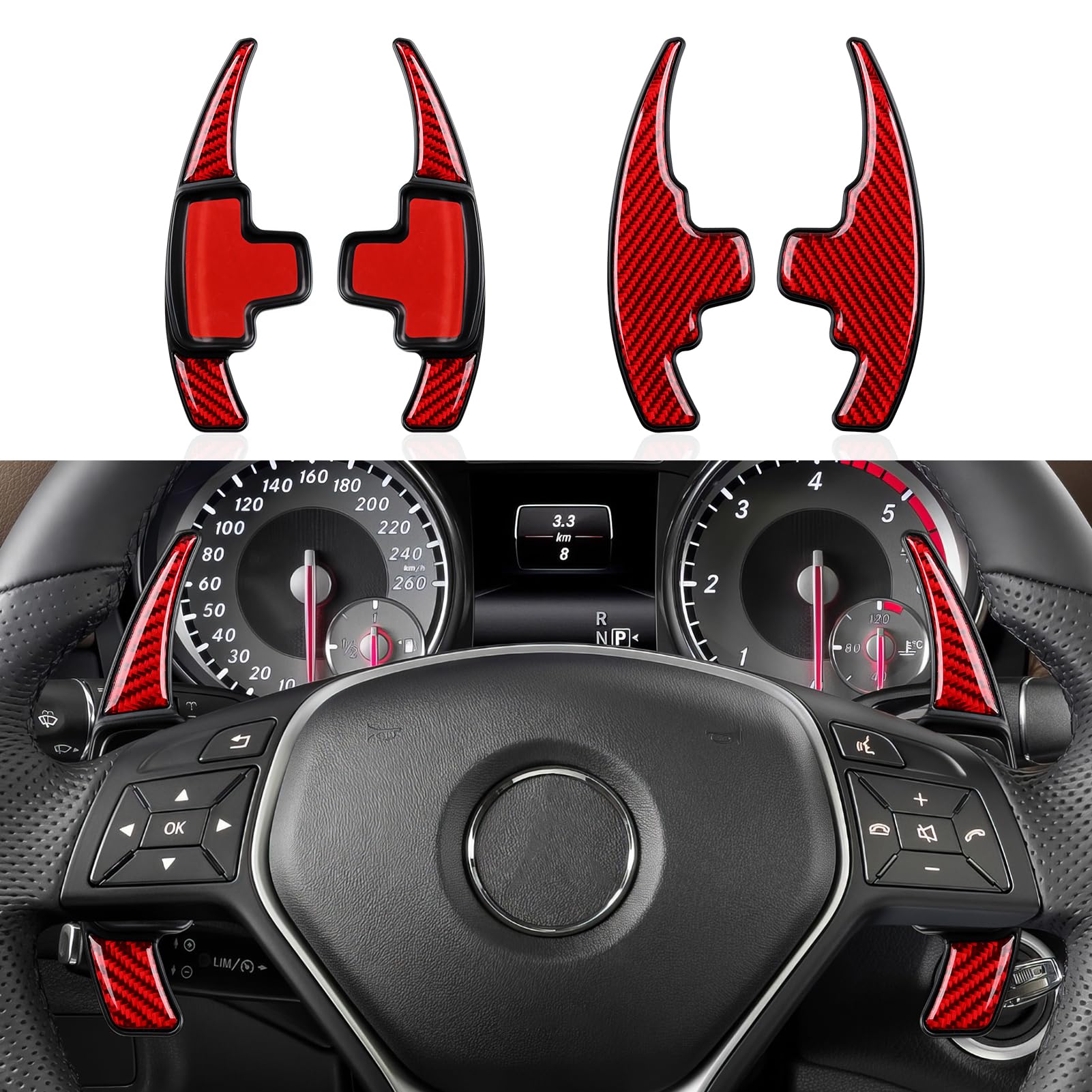 Photo 1 of 2PCS Steering Wheel Paddle Shifter Extensions Trim Carbon Fiber Decal Sticker Compatible with Mercedes Benz A B C E M SL Class GLA GLK SLK CLA CLS W176 W204 S204 X204 W212 S212 W246 Accessories (Red)