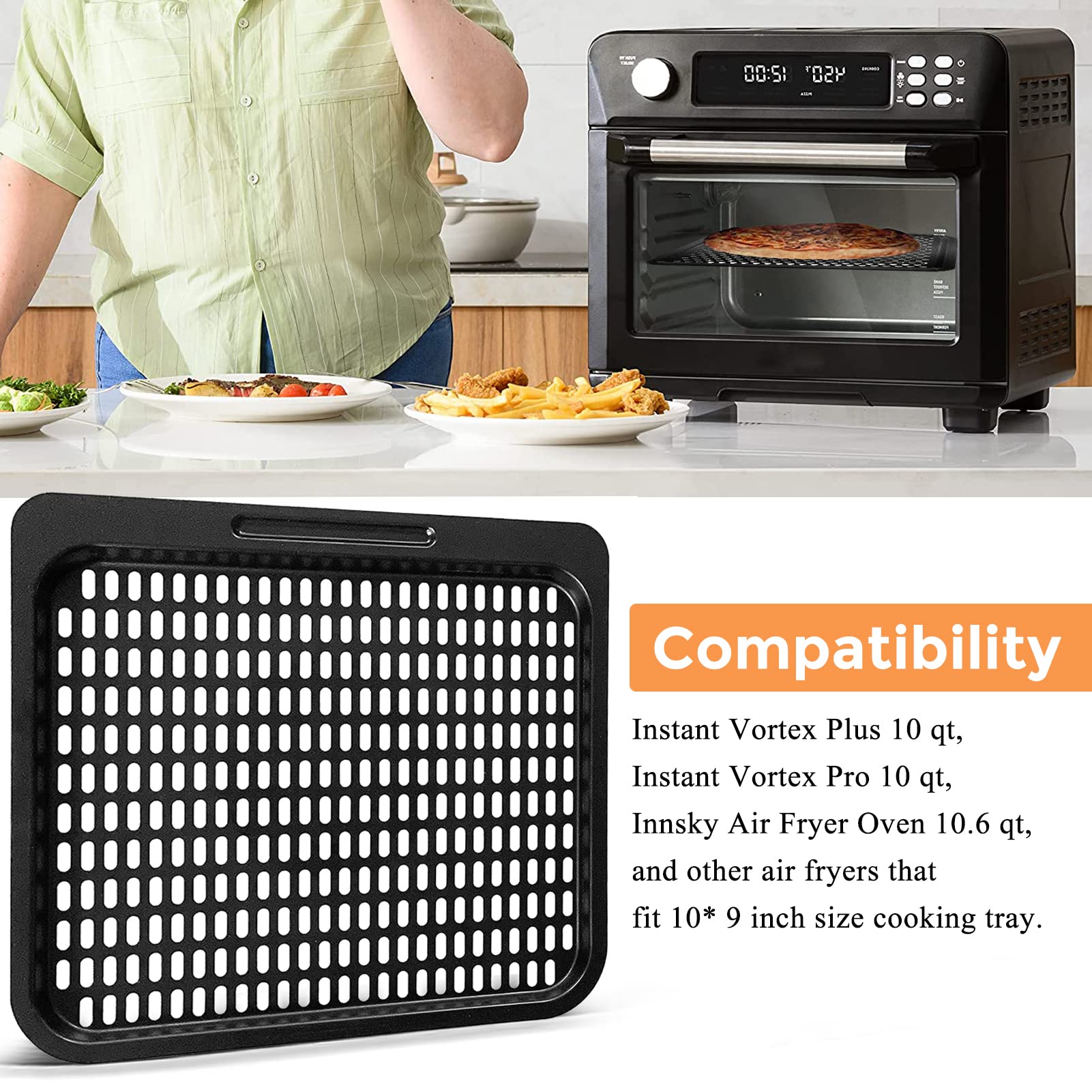 Air Fryer Cooking Tray for Instant Vortex Plus10 Quart, 2 PCS Food Grade Nonstick Replacement Rack Parts Grill Pan Crisper Plate, Dishwasher Safe