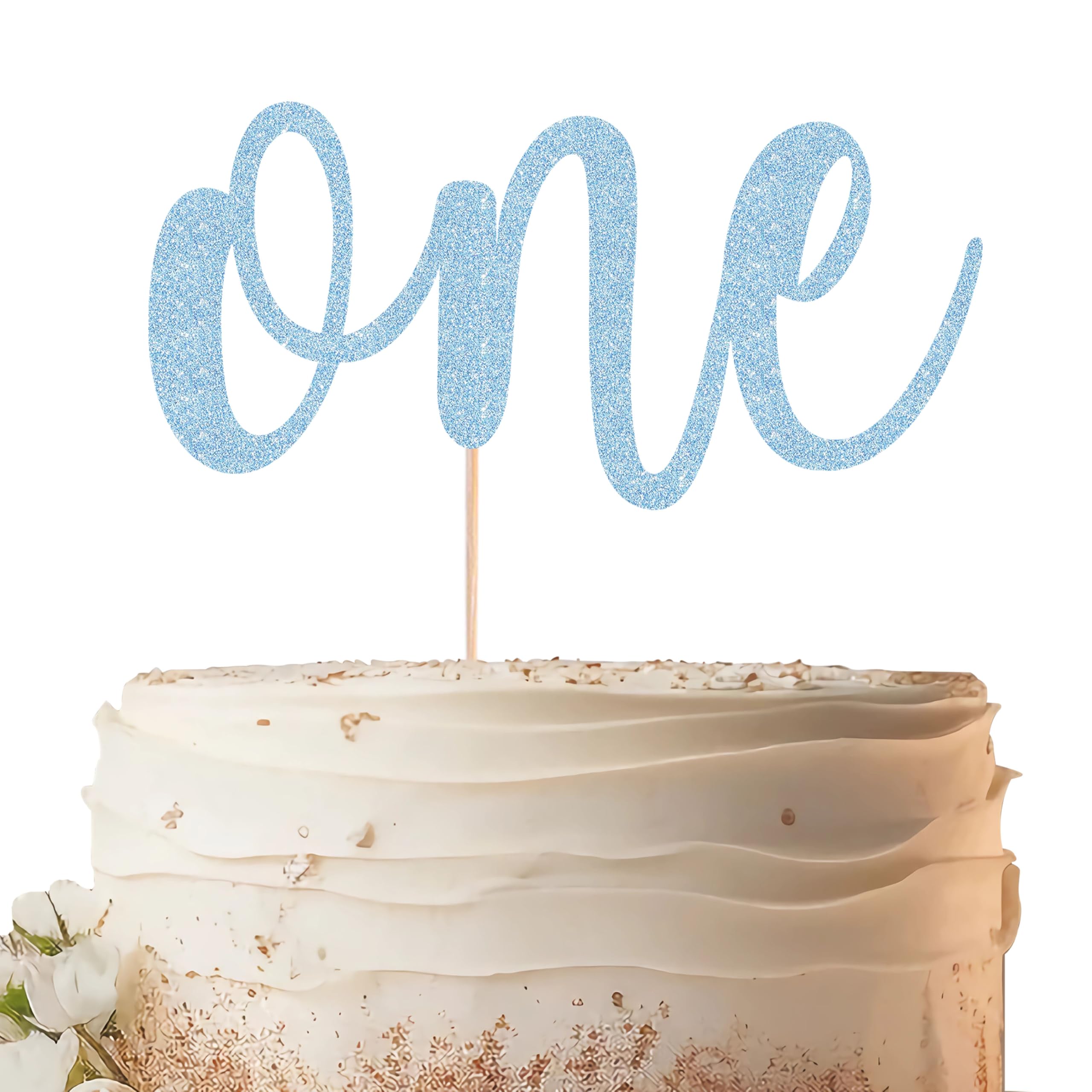 EONNCNT One Cake Topper - Light Blue Glitter 1st Birthday Cake Decorating Supplies for Boys or Girls, First Birthday Cake Topper for Baby Shower 1st Birthday Party Supplies Photo Booth Props