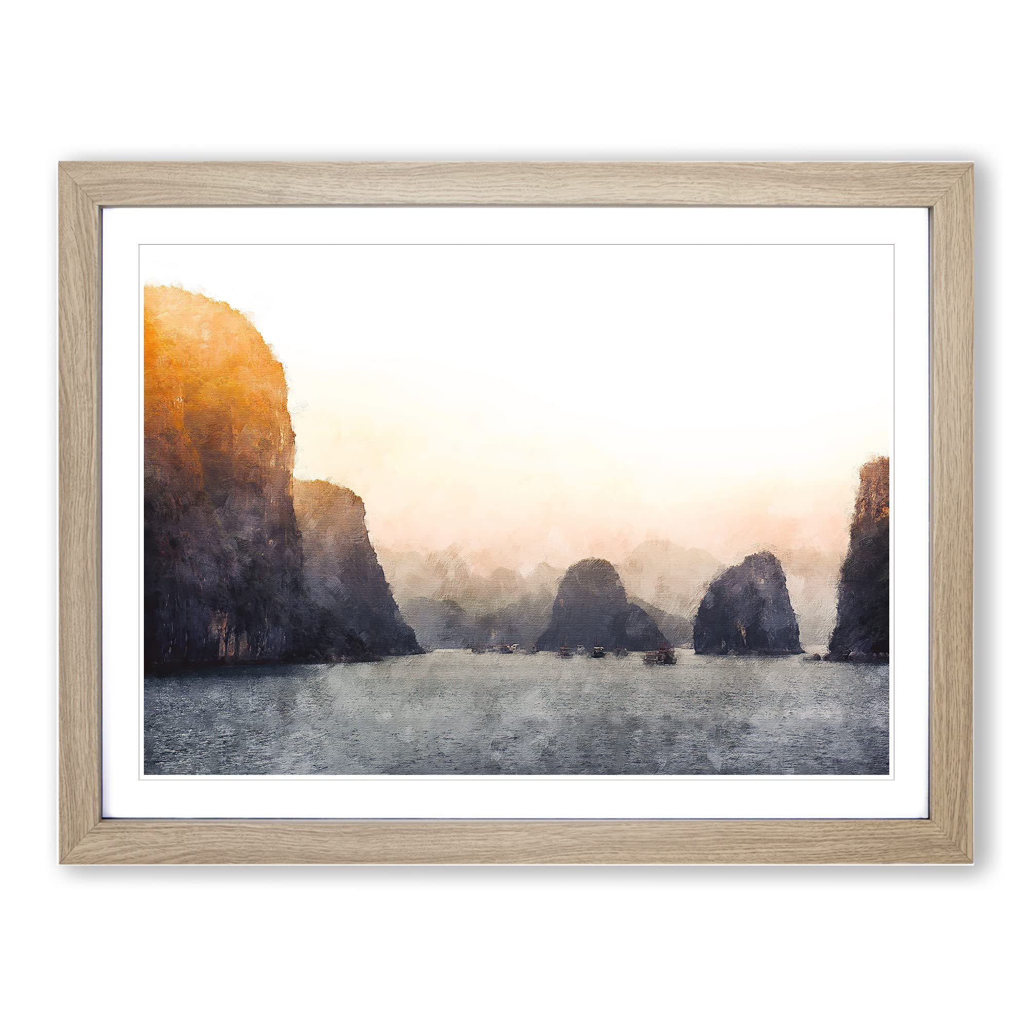 Ha Long Bay In Vietnam Painting Modern Art Framed Print | A4 Oak Framed Wall Art | Ready to Hang | Modern Historical Picture | Living Room Bedroom Lounge Office