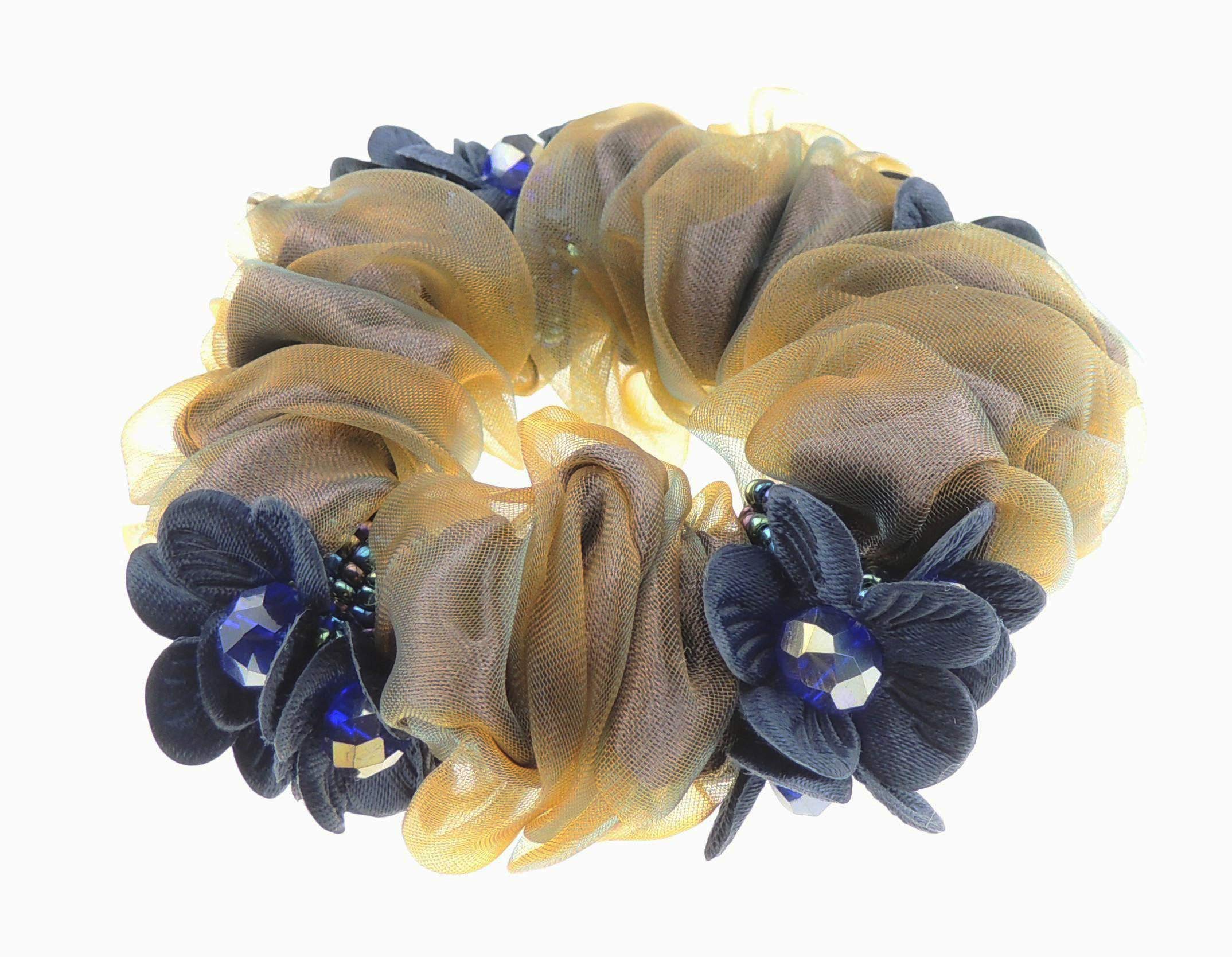 Womens Girls Chiffon Beaded Floral Fabric Scrunchie Christmas Birthday Bridal Wedding Party Ponio Hair Tie Up Back Elastic Accessories Bobbles Ponytail Holder Rubber Bands (Cluster Navy Brown)