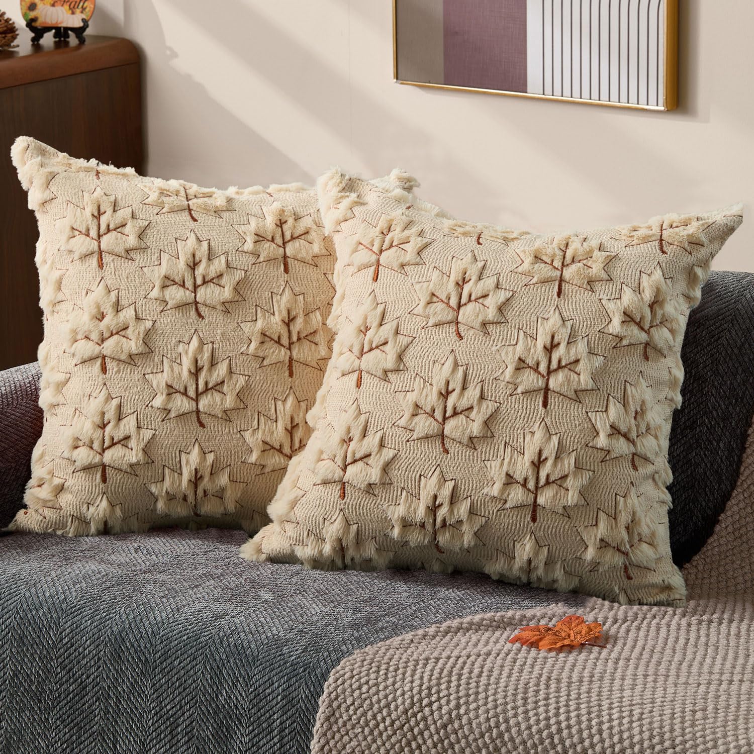 Photo 1 of DFXSZ Fall Pillow Covers 20x20 Set of 2 Fall Decorations Autumn Beige Maple Leaf Throw Pillow Cases Soft Plush Faux Fur Wool Couch Cushion Case for Chair Sofa Living Room Home Decor PTK043L20