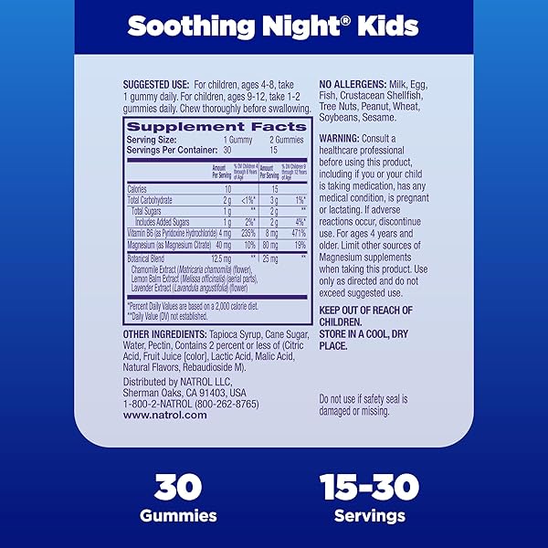 NATROL KIDS SOOTHING NIGHT MAGNESIUM CITRATE GUMMIES, HELPS CALM & RELAX LITTLE MINDS & BODIES FOR BEDTIME FOR THOSE LOW IN MAGNESIUM, PLUS VITAMIN B6 SUPPORTS BRAIN FUNCTION, 30 BERILICIOUS GUMMIES