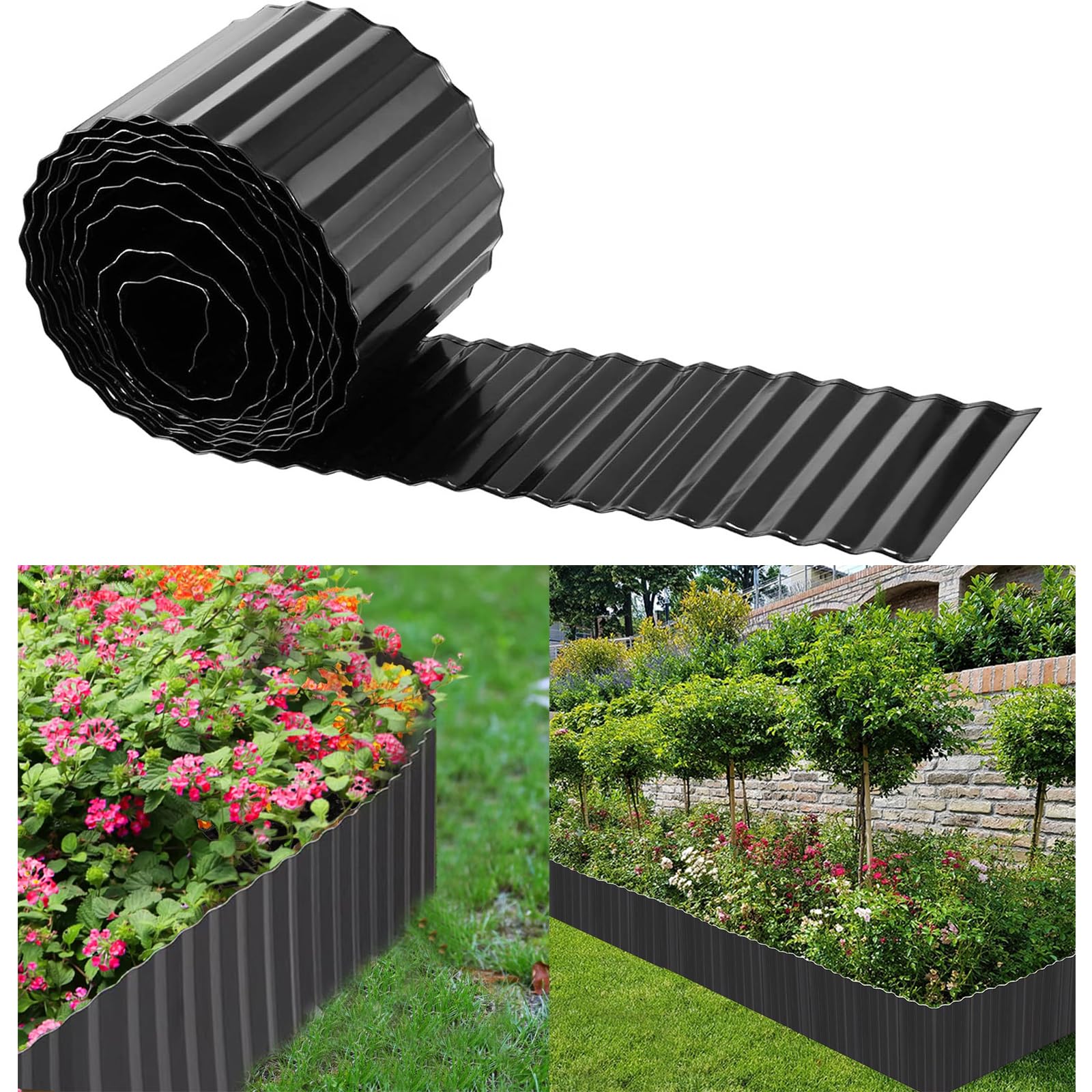 Metal Lawn Edging 12 IN x 20FT, Corrugated Galvanised Steel Garden Borders for DIY Flower Beds, Heavy Duty Landscape Edging, Pathway Edging, Garden Plant Border, Flower Tree Surrounds, Black