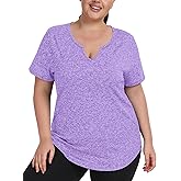 FOREYOND Plus Size Workout Tops for Women Short Sleeves V-Neck Yoga Shirts Loose Fit Athletic Gym Clothing Summer
