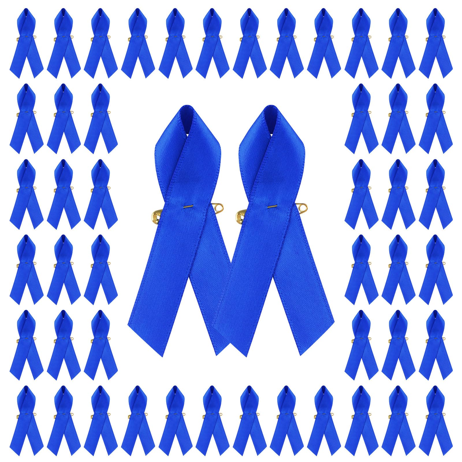 WANDIC 100pcs Blue Ribbon Satin Pins Colon Cancer Prostate Cancer Awareness Ribbon Pins Blue Brooch with Safety Pins for Men or Women, 7.5 * 4cm — image 1