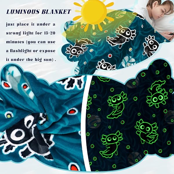 AXOLOTL BLANKET FOR BOYS GLOW IN THE DARK BLANKET BOYS KIDS THROW BLANKET AXOLOTL GIFTS DECOR ANIMAL SALAMANDER SOFT BLANKETS FOR GIRLS TEENS