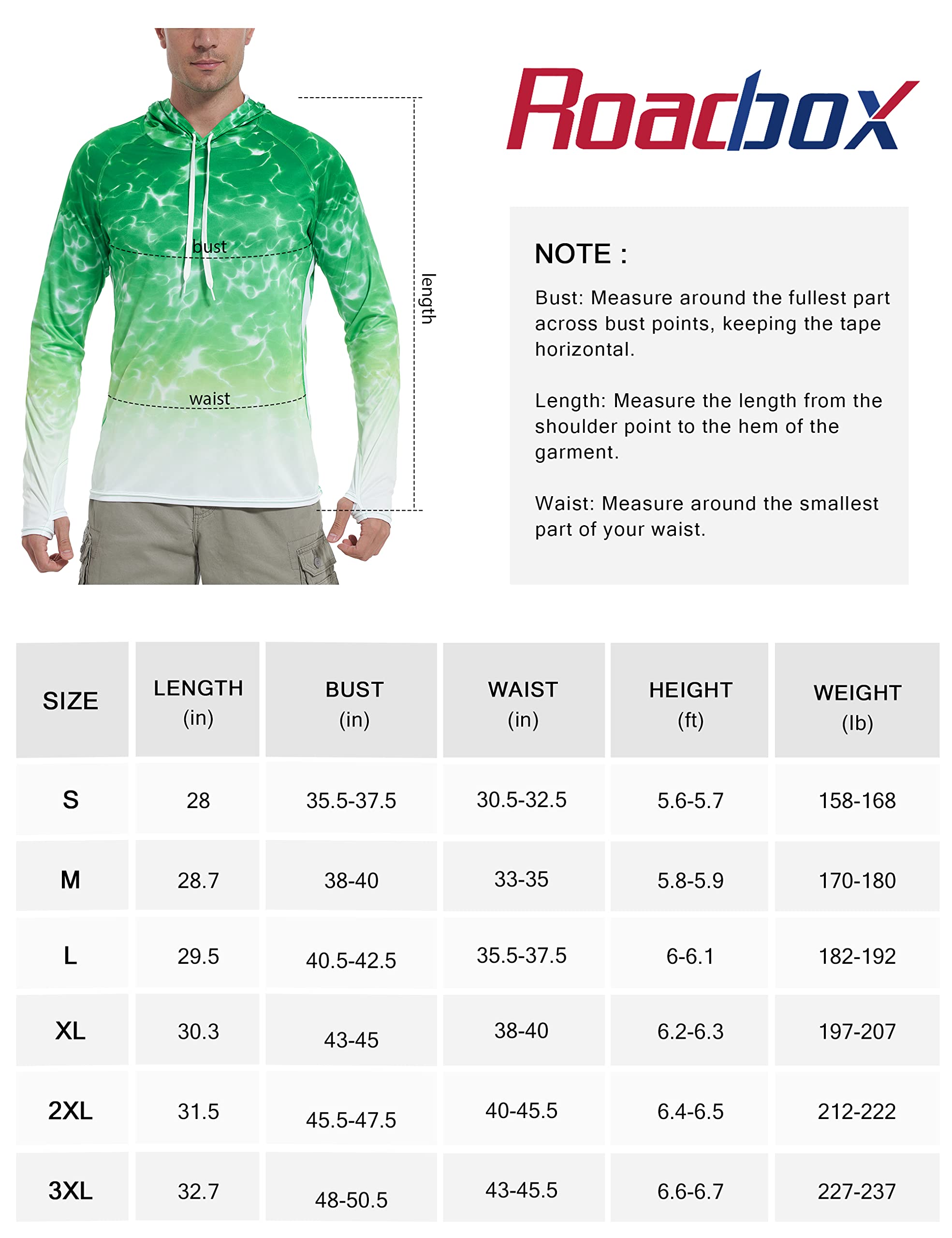 Roadbox Men's Performance Fishing Hoodie, UPF 50+ UV Sun Protection Rash Guard, Outdoor Long Sleeve Water Hiking Swim Shirts