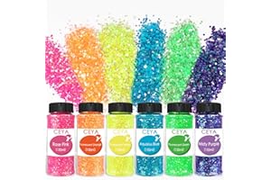 Ceya Bulk Chunky Glitter 6 Assorted Colors, 4.23OZ Each Jar Iridescent Crafts Glitter Set, 1/24” Medium Size Nail Sequins for School Classroom Art,DIY Craft Slime,Blue,Pink,Orange, Green,Yellow,Purple