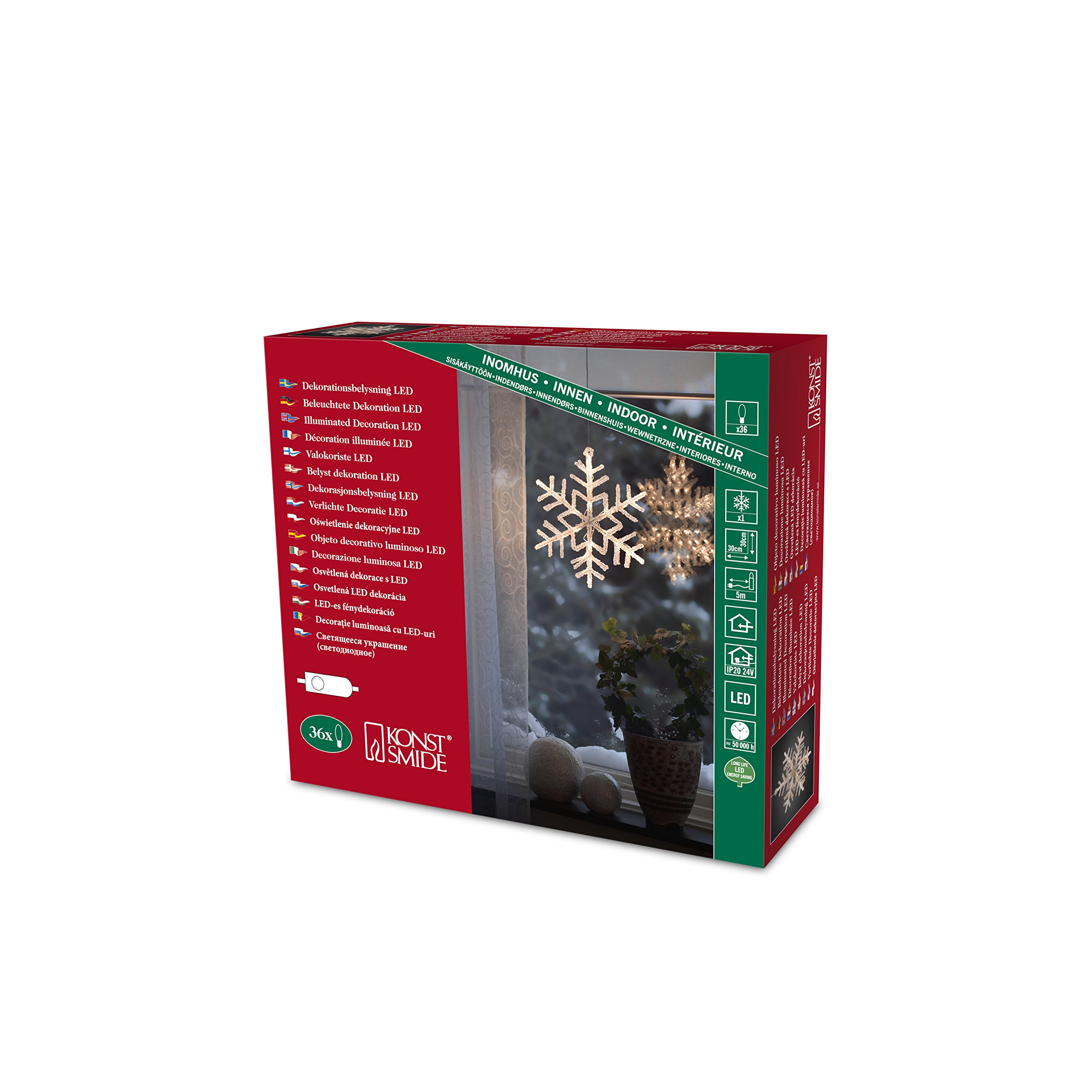 Konstsmide 4446-103 LED Snowflake Hanging Silhouette/For Indoors (IP44) / 36 Warm White Diodes/Transparent Cable