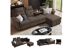 Pingliang Home 110" Convertible Sectional Sofa with Storage, 4 Seat L Shaped Couch with Ottoman and Cup Holder, Modern Microfiber Fabric Sofas Couches for Living Room