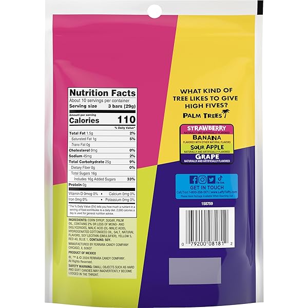 LAFFY TAFFY ASSORTED, MINI BARS, STAND UP BAG, CHEWY CANDY IN A VARIETY OF FRUITY FLAVORS, 10 OZ