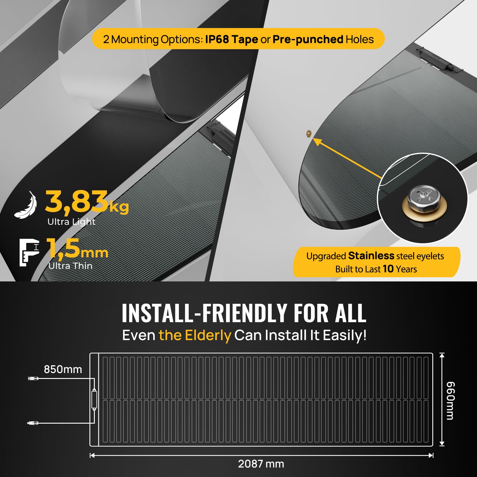 BougeRV Yuma 200W CIGS Solarpanel Flexibel 360° Flexible Solarmodule ETFE IP68 mit Klebeband Solarplatten für Wohnmobil Camping Garten Boot Yacht Unebene Oberflächen balkonkraftwerk 48 Bypass-Dioden 5