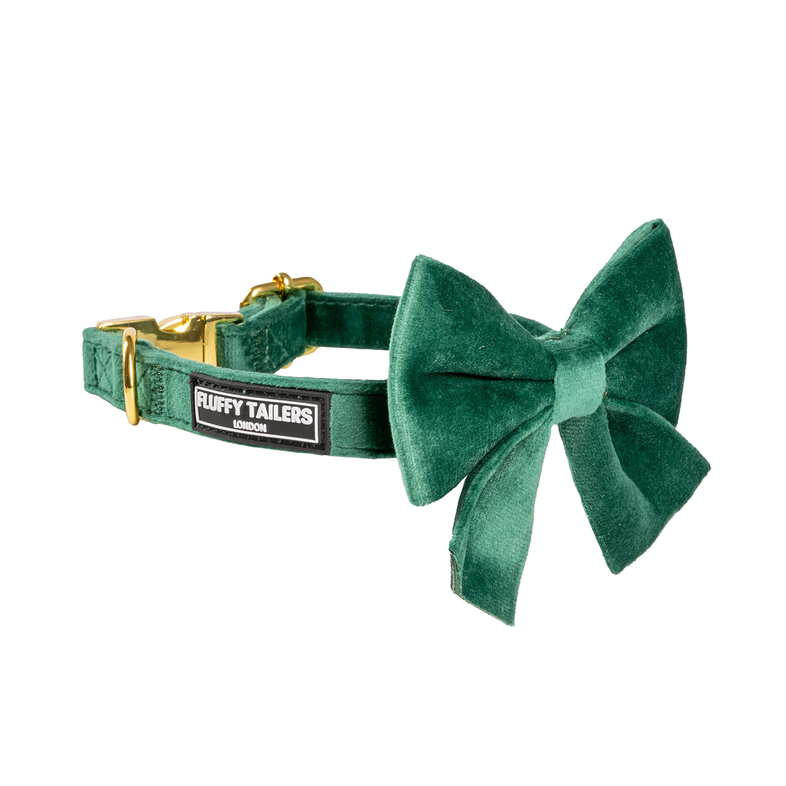 Fluffy Tailers Emerald Green Velvet Dog Collar Bowtie – Comfortable Luxury Adjustable Dog Collar with Detachable Bow Tie Safety Buckle for Small To Medium Dogs (Medium)