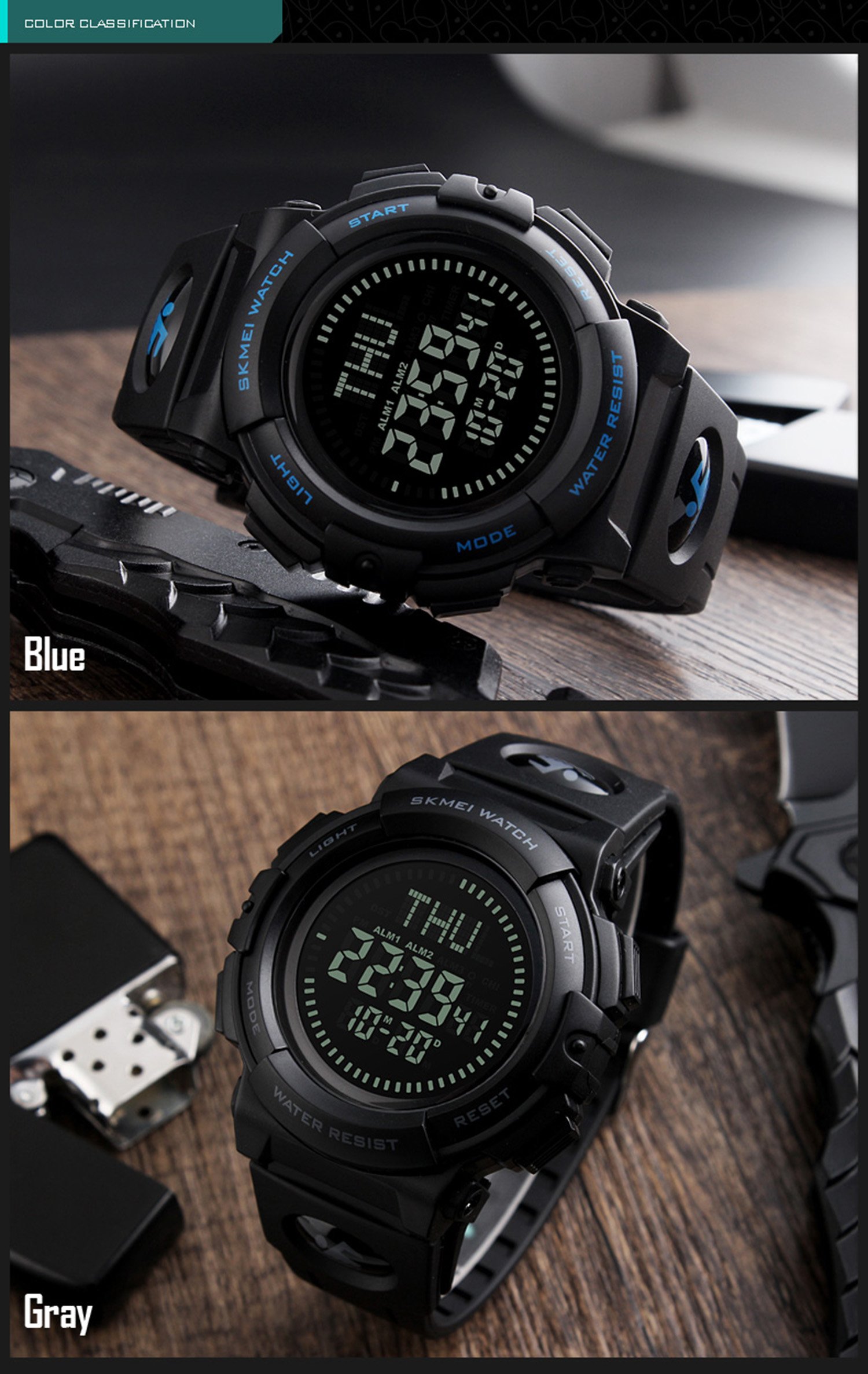 Men’s Military Sports Digital Watch With Survival Compass 50M Waterproof Countdown 3 Alarm Stopwatch (Black)