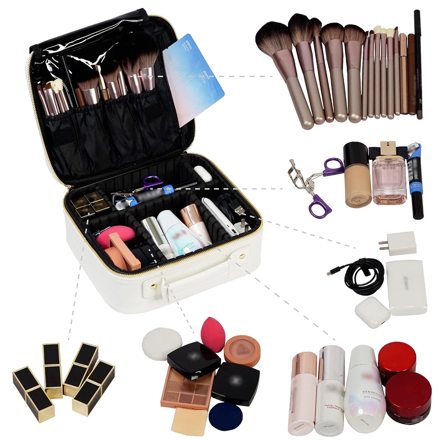 L'GLADKING Makeup Case Cosmetic Travel Bag Makeup Organizer Bag Travel Makeup Organizer for Women with Brush Holder and Adjustable Dividers for Makeup Brushes (white) : Beauty