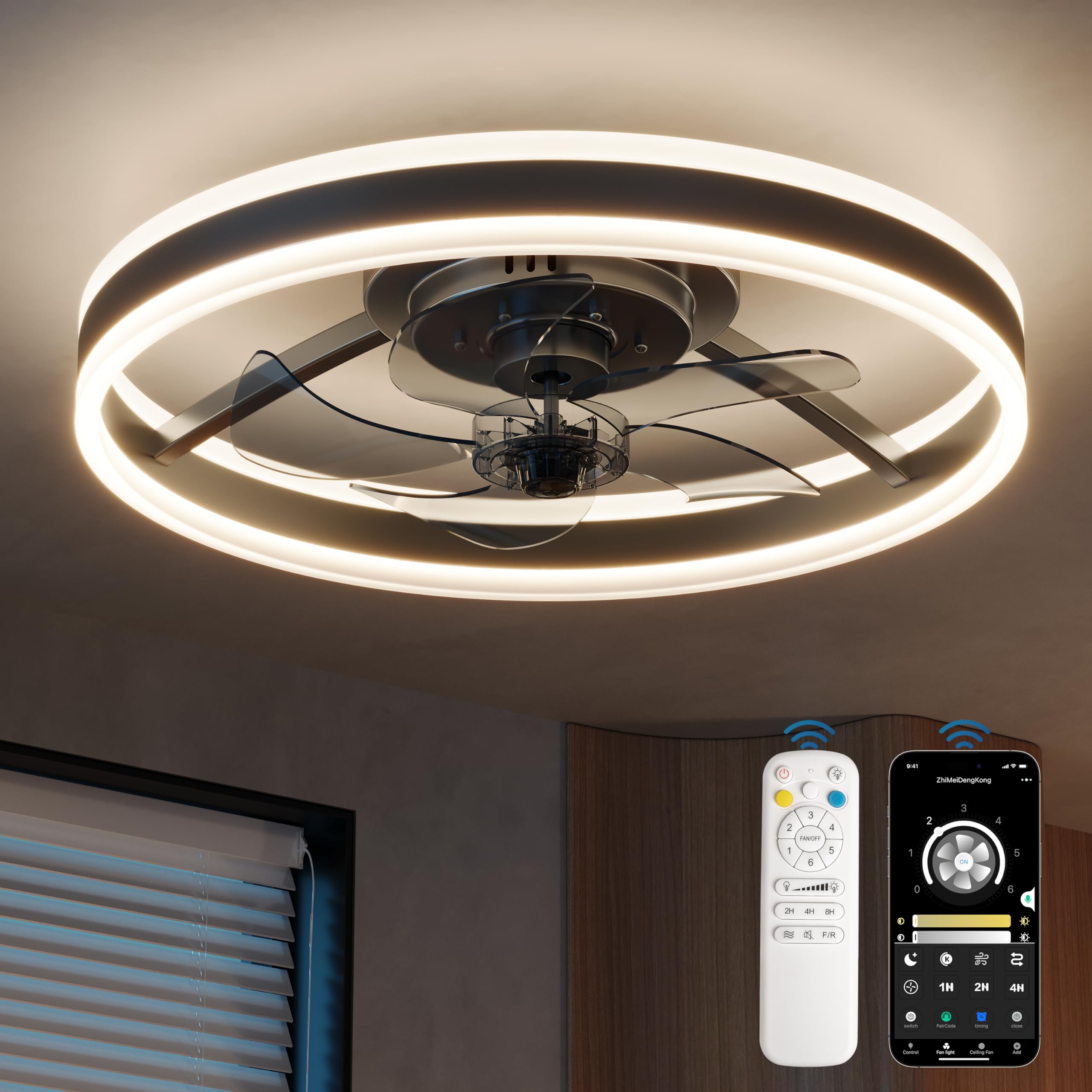 CubiCubi Modern Ceiling Fans, 20 Inch Black Ceiling Fan with Lights and Remote Control, APP, Fandelier with 6 Wind Speeds, Low Profile Ceiling Fans with Lights for Bedroom, Office