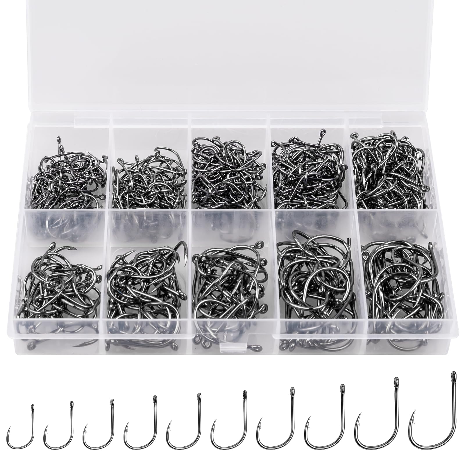 Photo 1 of 500PCS/100PCS ReeMoo Premium Fishing Hooks, 10 Sizes/4 Sizes Carbon Steel Fishing Hooks W/Portable Plastic Box, Strong Sharp Fish Hook with Barbs for Freshwater/Seawater
