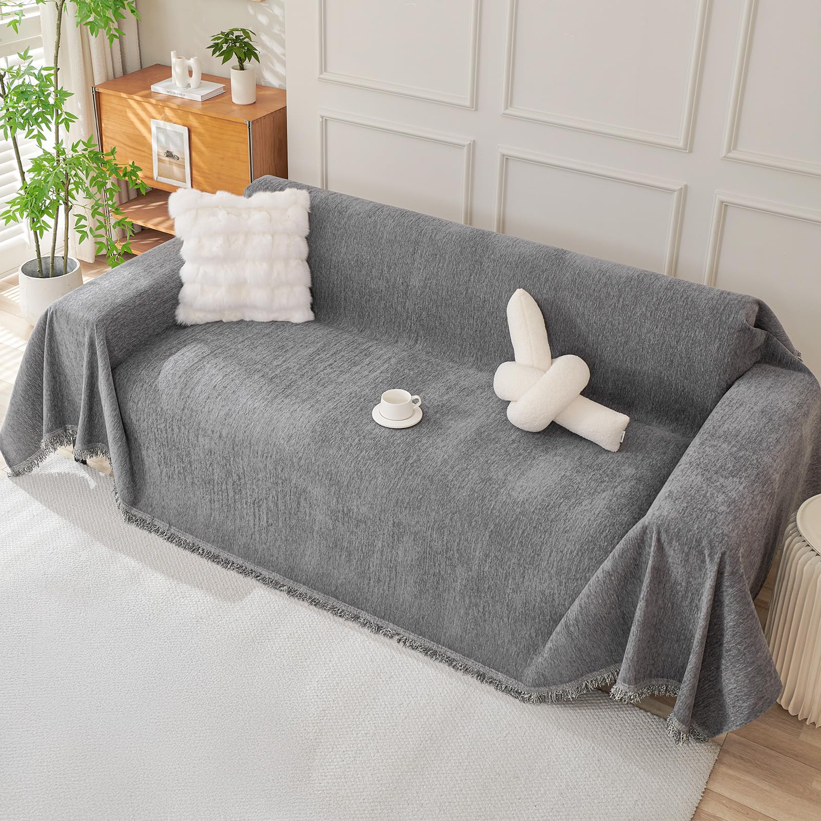 Royhom Chenille Sofa Covers 2 Seater, Corner Sofa Cover L Shape, Washable Couch Cover with Tassel, Soft Couch Covers for Dogs, Breathable, All-season Universal (Grey, 180x260cm)