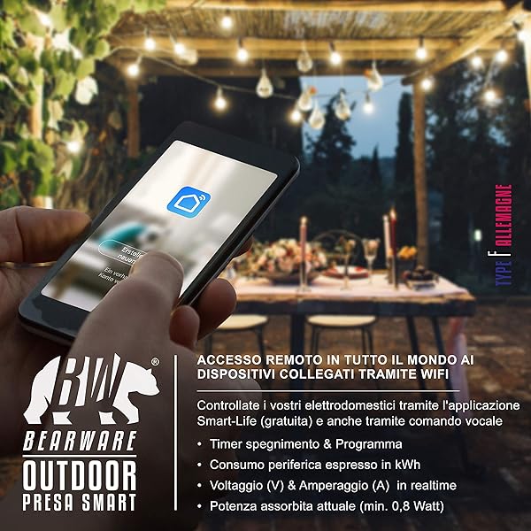 Bearware   Enchufe inteligente exterior   Toma WiFi inalmbrica   Monitor de energa   Temporizador   Control de voz o via app Smart Life Apple iOS Android   Compatible con Alexa Google Home IFTTT