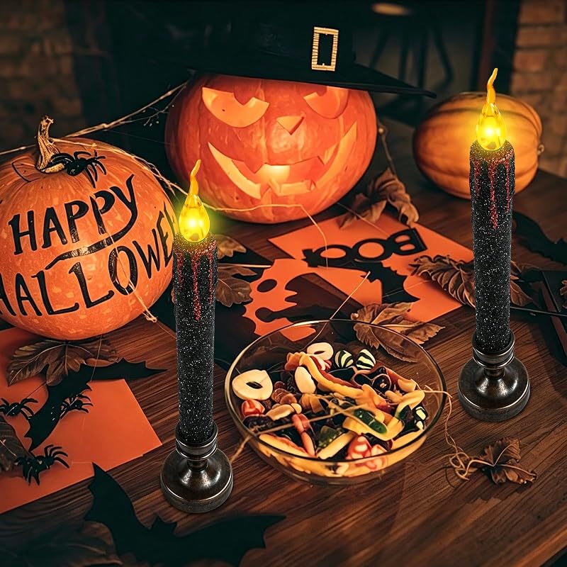 2 Piezas Velas LED Halloween 24.5cm Velas Halloween Sin Llama Gotean Sangre Negras LED Candle con Pilas para Fiesta, Regalos, Decoracion Casa