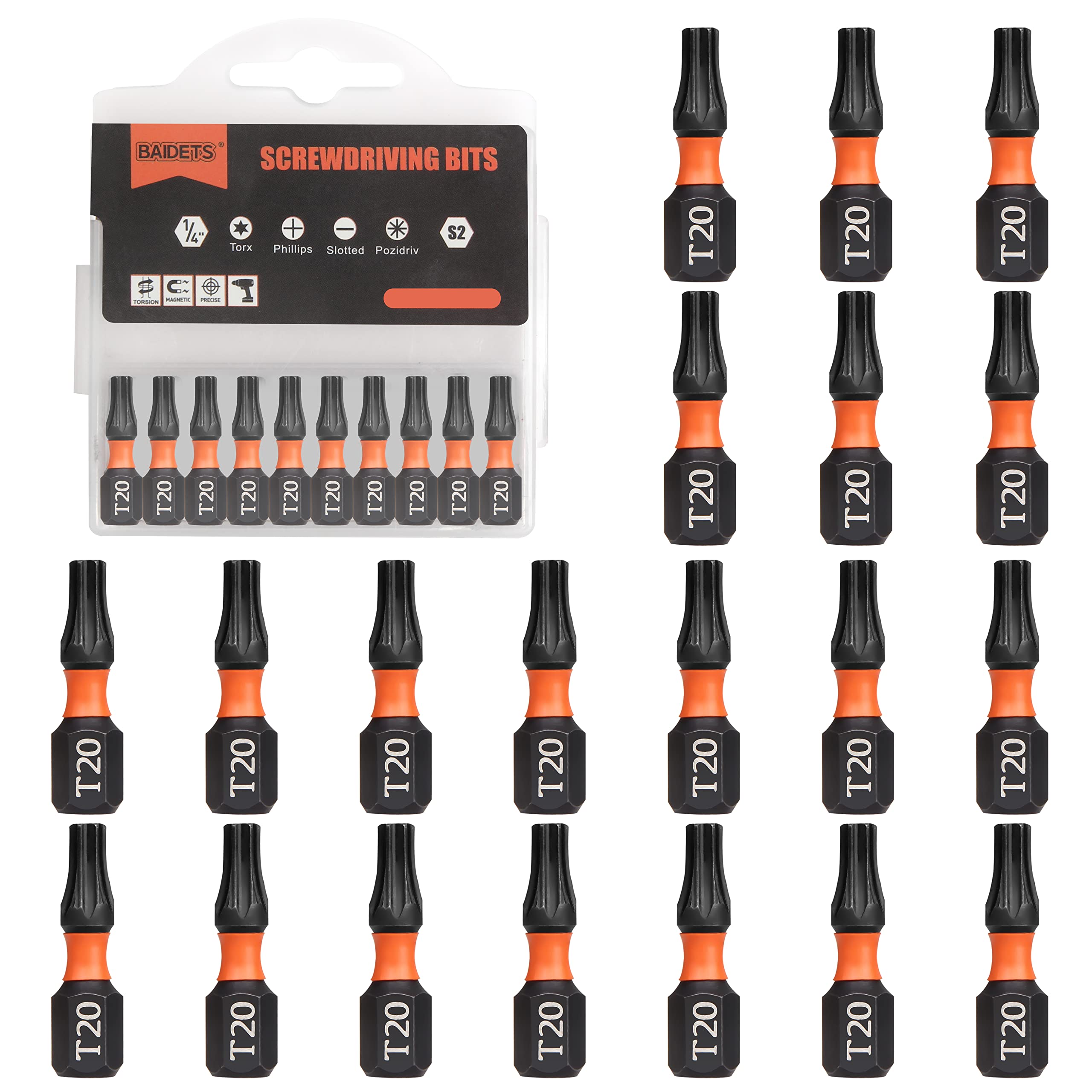BAIDETS Pro T20 Bit Assortment - Screwdriver Bits Set of 20, 25 mm Length, Torx Screwdriver Bit, 1/4 Inch Hex Shank, with Dispenser Box — image 1