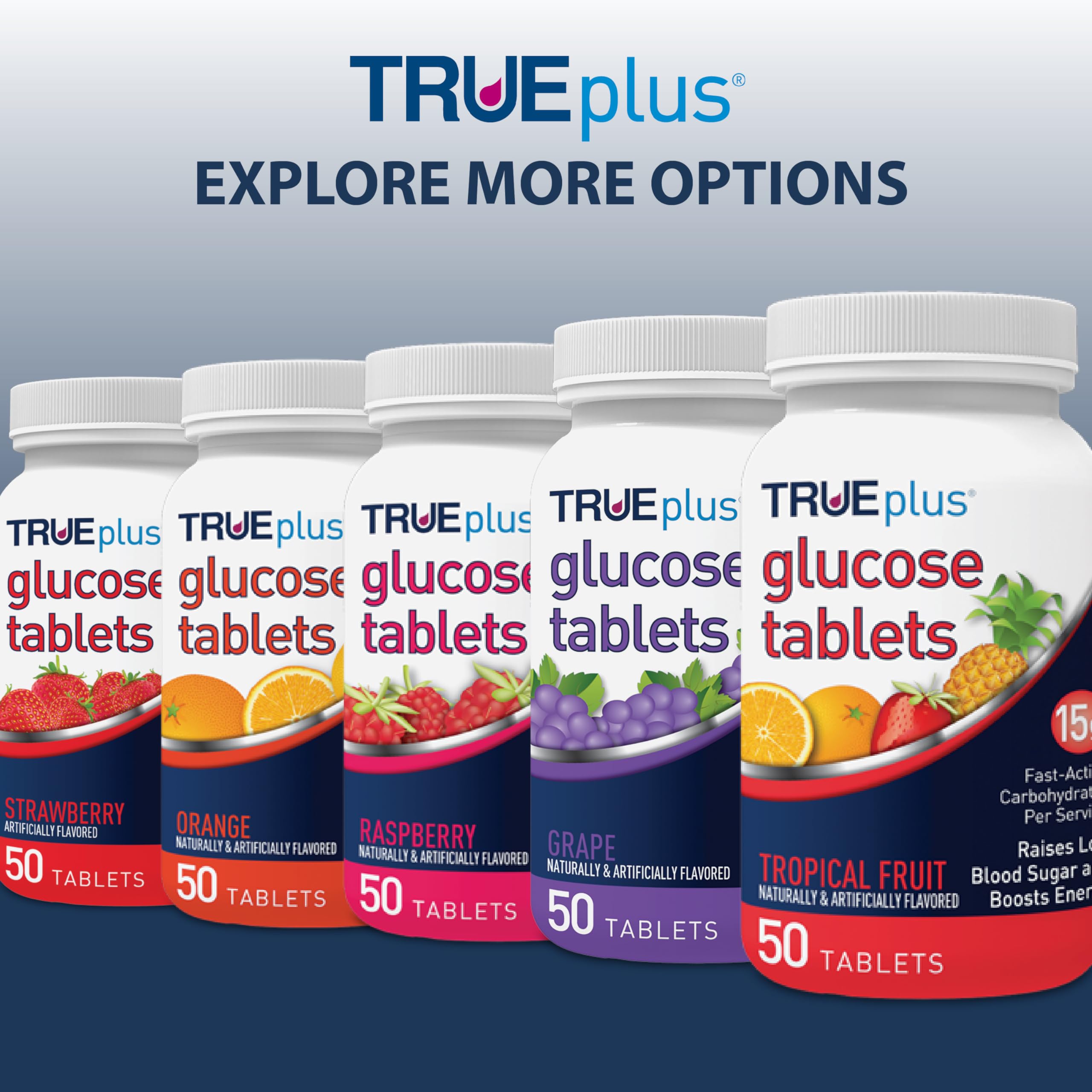 TRUEplus® Glucose Tablets, Assorted Flavor (Grape, Raspberry, Orange) - 50ct Bottle (1)