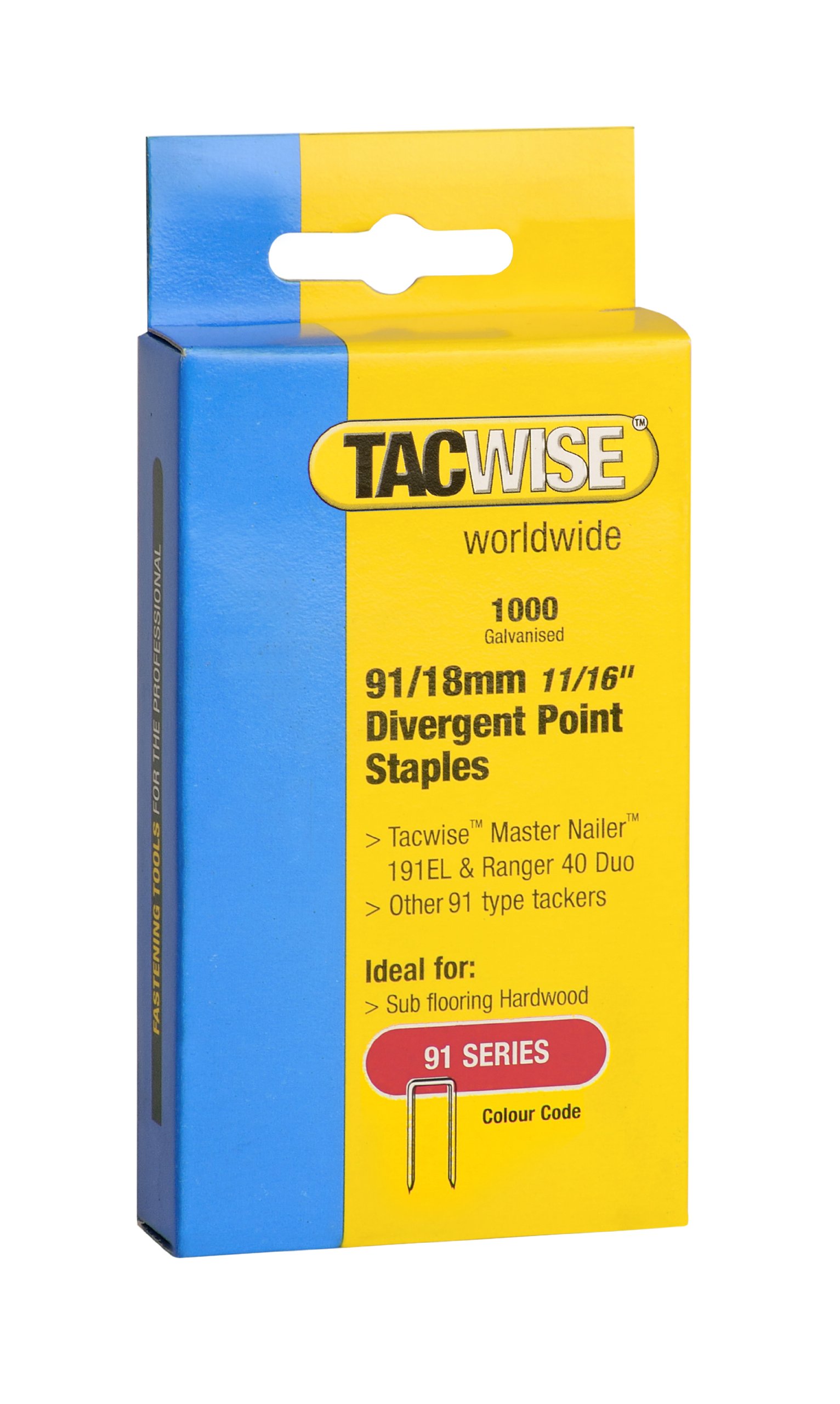 Tacwise 0287 Type 91 / 18 mm Galvanised Narrow Crown Staples, Divergent Point, Pack of 1,000, Silver