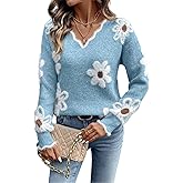 FOTKLAX Women's Pullover V Neck Sweater Floral Knitted Long Sleeve Cute Trendy Cozy Sweaters for Winter