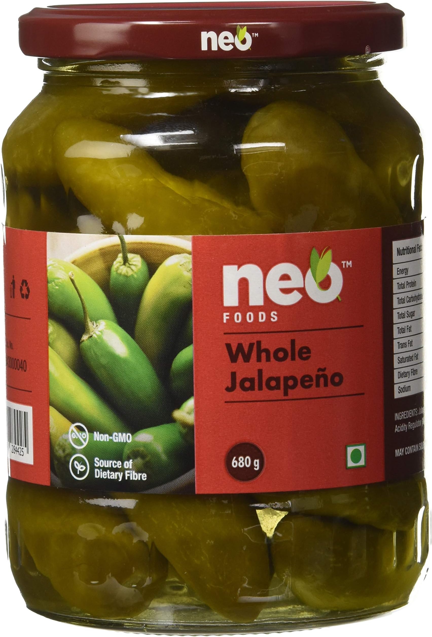 Neo Whole Jalapenos, Ready-to-Eat Fibre-Rich Topping for Snacks and Salads, Non-GMO, Jar, 650g
