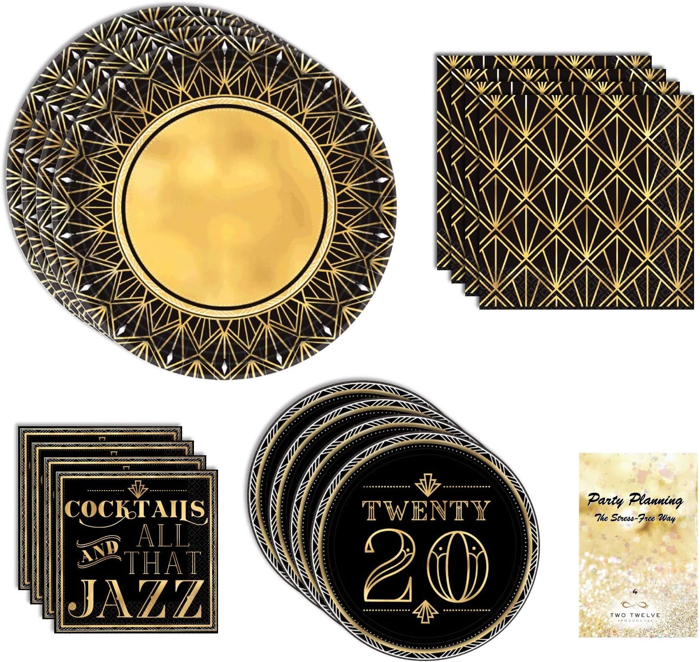 New Years Eve Party Supplies, Black & Gold, Roaring 20s Design, 16 Guests, 65 Pieces, Disposable Paper Dinnerware, Plate and Napkin Set