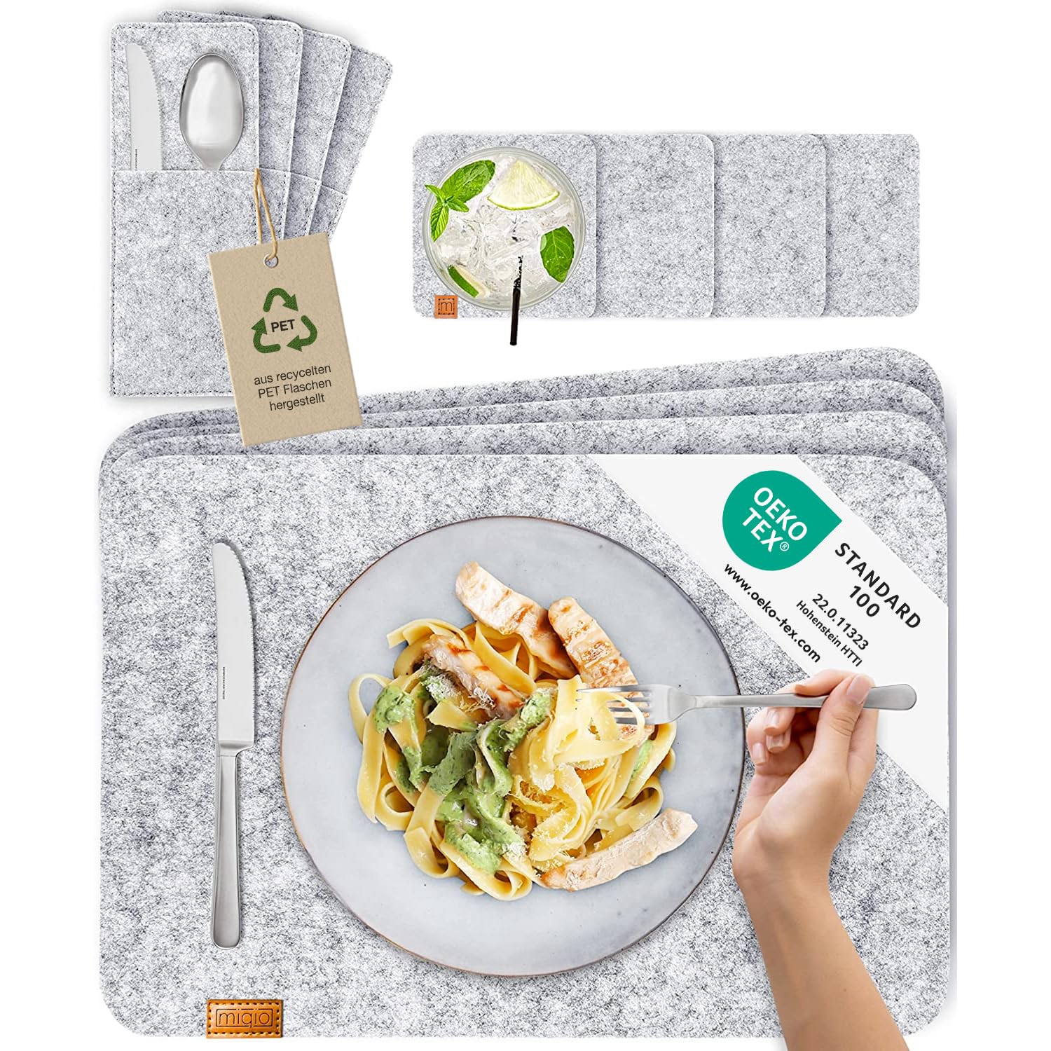 MIQIO® Scandi Style Felt Place Mats with real Leather Label - Washable | Set of 4 Felt Placemats 44x30 cm, Cuttlery Bags, Glass Coasters | Table Mats for Easter Table Decoration | Light Grey — image 1