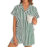Ekouaer Womens Button Down Pajamas Set 2 Piece Sleepwear Short Sleeve Pjs Soft Stripe Lounge Sets