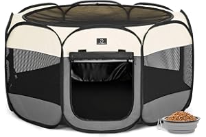 A 4 PET Portable Dog Playpen for Small Dogs & Puppies –39.5" Pop-Up Foldable Pet Fence with Bowl, Waterproof Bottom, Removable Mesh Top, Indoor Outdoor Use, Secure Zippered Door, Travel & Training Use