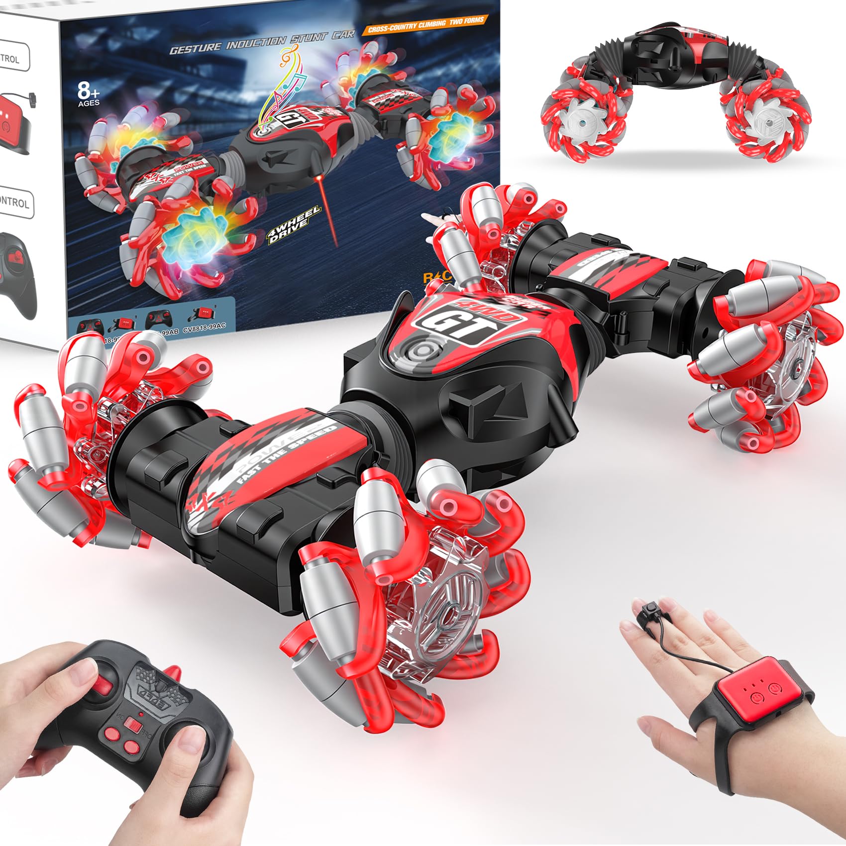 Photo 1 of 1:12 Gesture Sensing RC Stunt Car, 2-in-1 Hand Controlled Remote Control Twist Cars with Light & Music, 4WD 360° Rotate Transform Drift, Gifts for 6-8-12 Kids Age 6 7 8 9 10 11 12 Yrs Old?