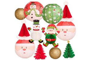 PAPER FAIR 12Pc Gold Red Green Christmas Elf Paper Lantern Decoration Set, 3D Xmas Hat, Santa Claus, Snowman Tissue Paper Honeycomb, Indoor Outdoor Hanging Xmas Tree Star Garland Holiday Party Supply 12, 10, 8''
