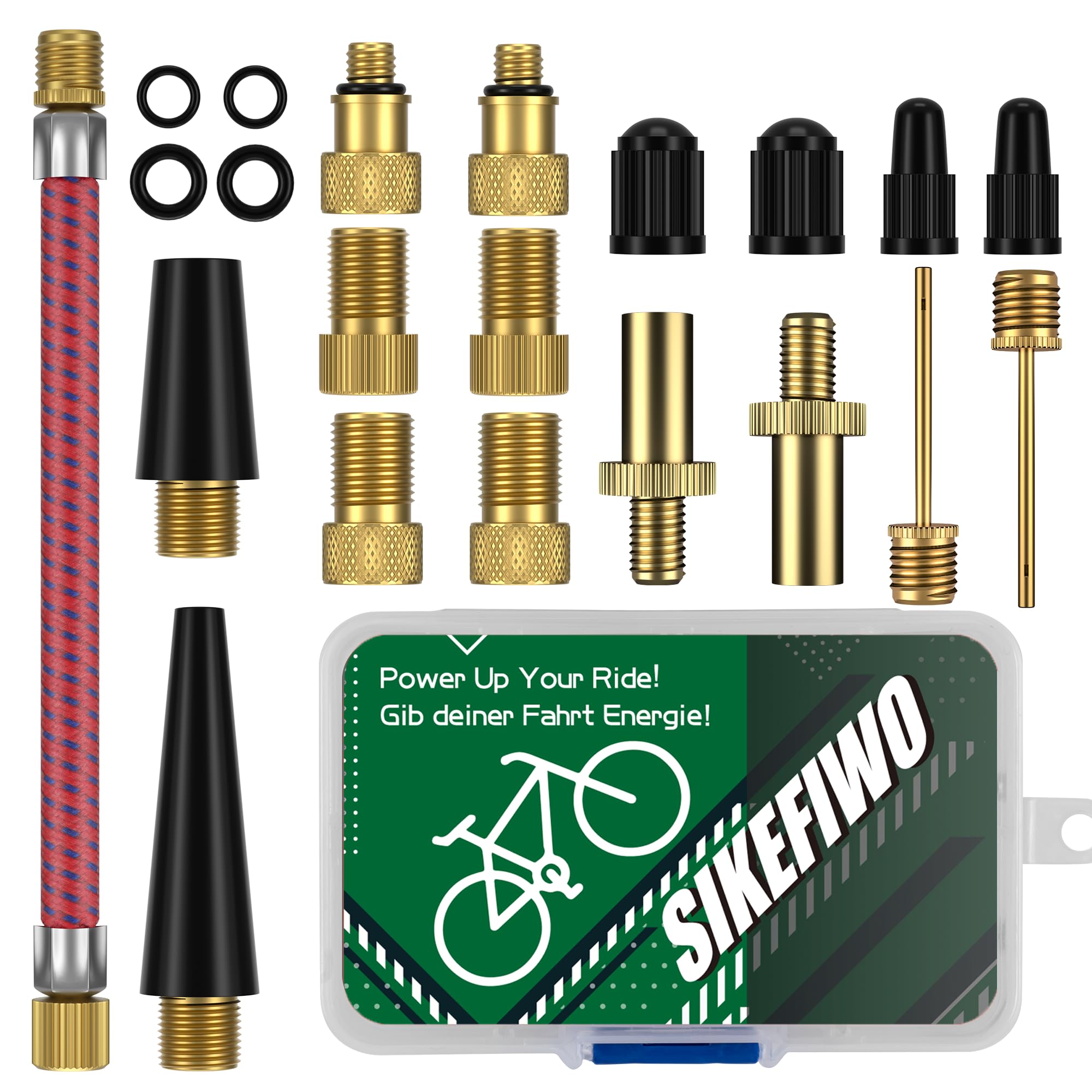 SIKEFIWO Bicycle Valve Adapter Set, Bike Pump Valve Adapter with Extension Pipe Valve Cap, DV AV SV Valve Adapter for Compressor Bicycle Pump Balls, Air Pump Inflation Needle Nozzle with Strorage Box