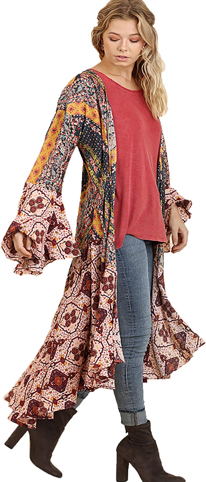 Umgee Womens Ruffled Long Body Kimono with a Multicolored Print