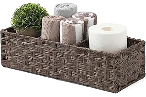 [Larger Compartments] Toilet Tank Topper Paper Basket - Multiuse Hand Woven Plastic Wicker Basket with Divider for Organizing