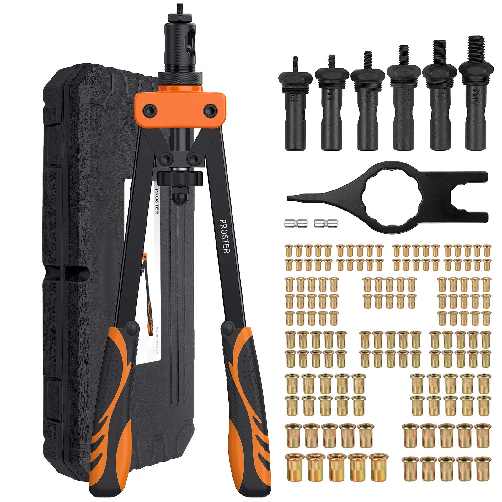 Proster 14" Rivet Nut Tool with 6PCS Metric Mandrels 150 PCS M3-M10 Heavy Duty RIV Nut Gun Set Thread Setter Kit with Carrying Case Orange