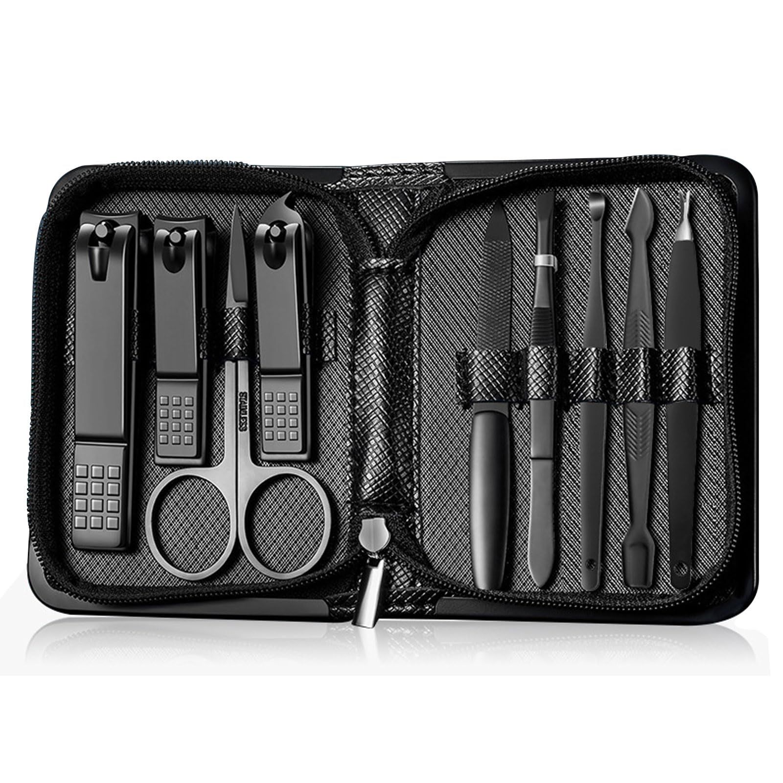 Manicure Set Nail Clippers Pedicure Kit Stainless Steel Manicure Kit, Professional Mens Grooming Kits, Nail Care Tools with Luxurious Travel Leather Case Gift Box (9, Black)