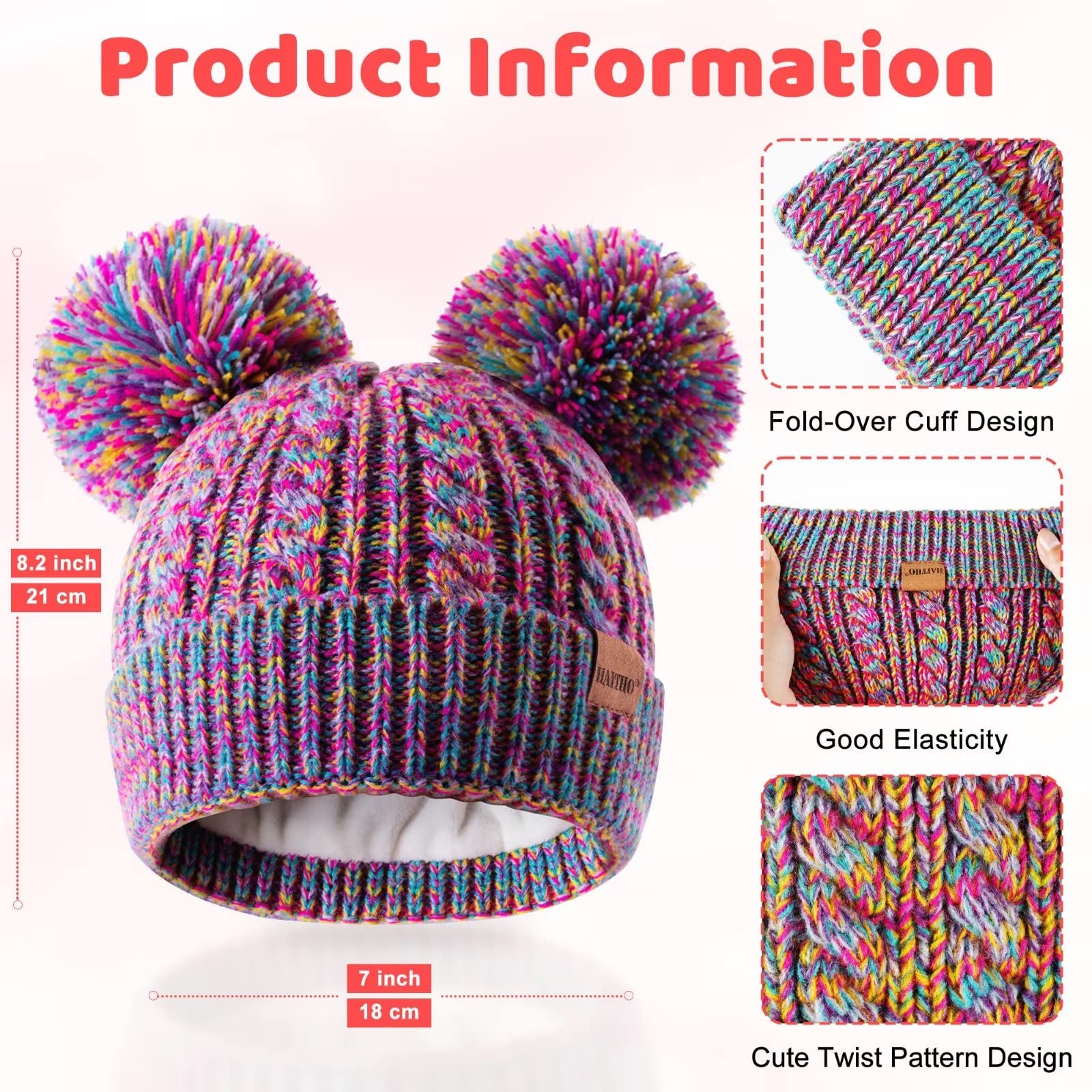 HAITHO Winter Hat for Kids Toddler Children, Girls Beanie with Double Pom Pom Warm Fleece Lined, Girls Accessories Knit Cap