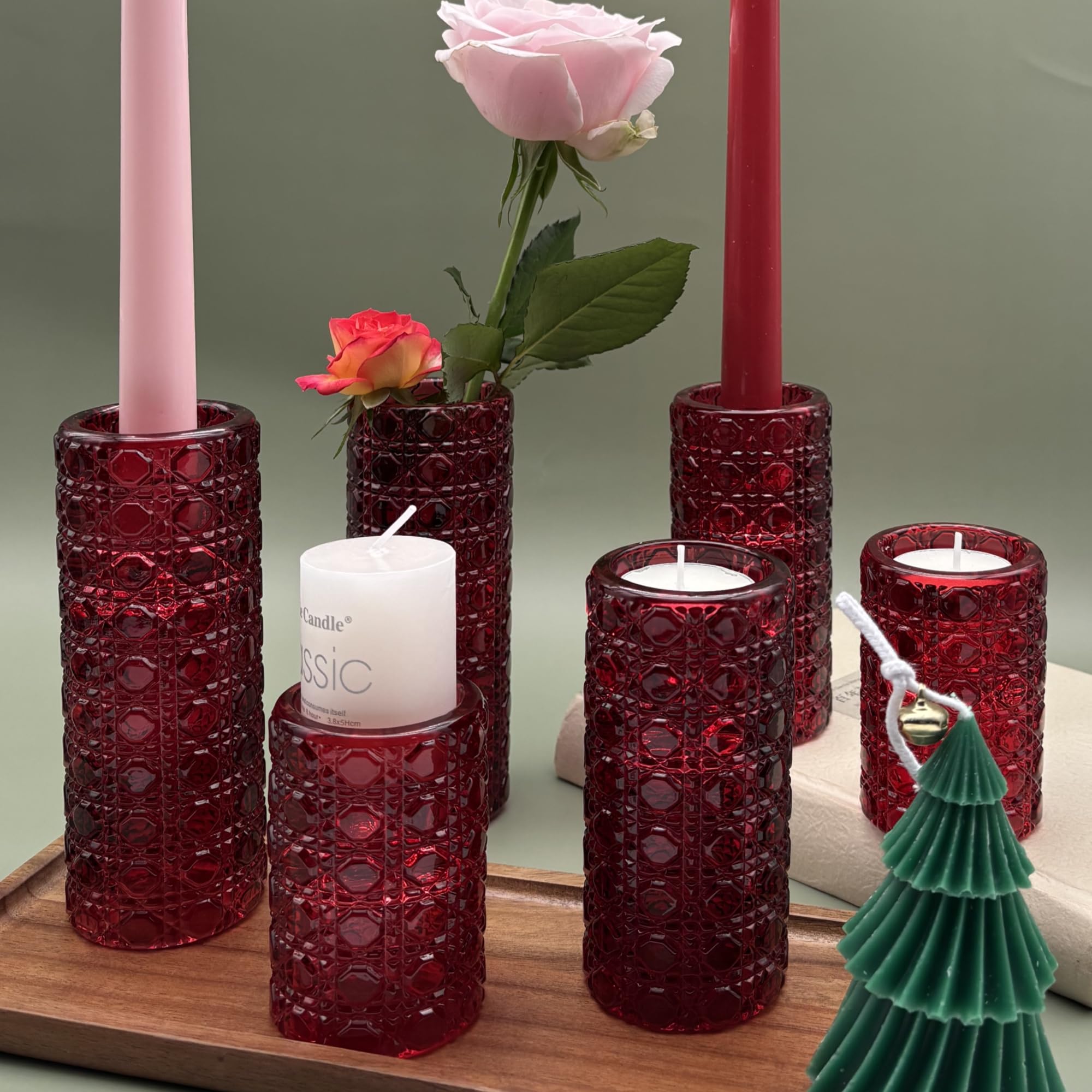 Red Glass Candle Holders Set, 6 Pack Clear Candlestick Holders 3 in 1 Crystal Candleholder Pillar Candle Stands, Tealight & Votive Candle Holder Home Decor Table Centerpieces Christmas Wedding