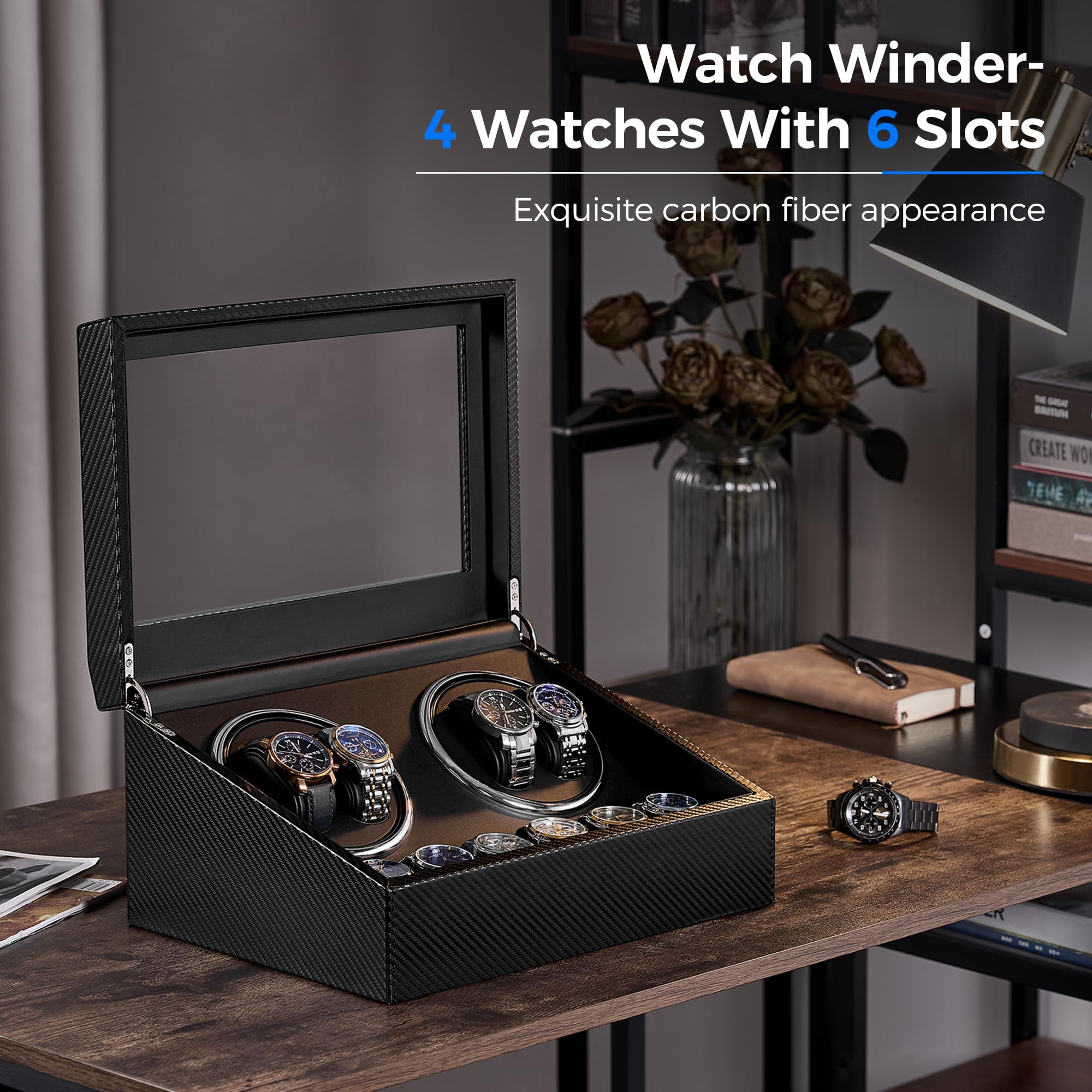 ANWBROAD ANWBROAD Watch Winders for Automatic Watches, Automatic Watch Winder with 4 Watch Rotator and 6 Extra Storages, 4 Watch Winder with Japanese Quiet Motor, Carbon Fiber Watch Winder,UJWW012C