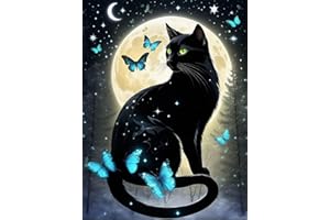 5D Black Cat Diamond Art Kits for Adult Beginners Moon Cat Diamond Painting Kits for Adults Butterfly Diamond Painting Full Drill Round Rhinestones Gem Art for Home Wall Decor 11.8X15.7inch
