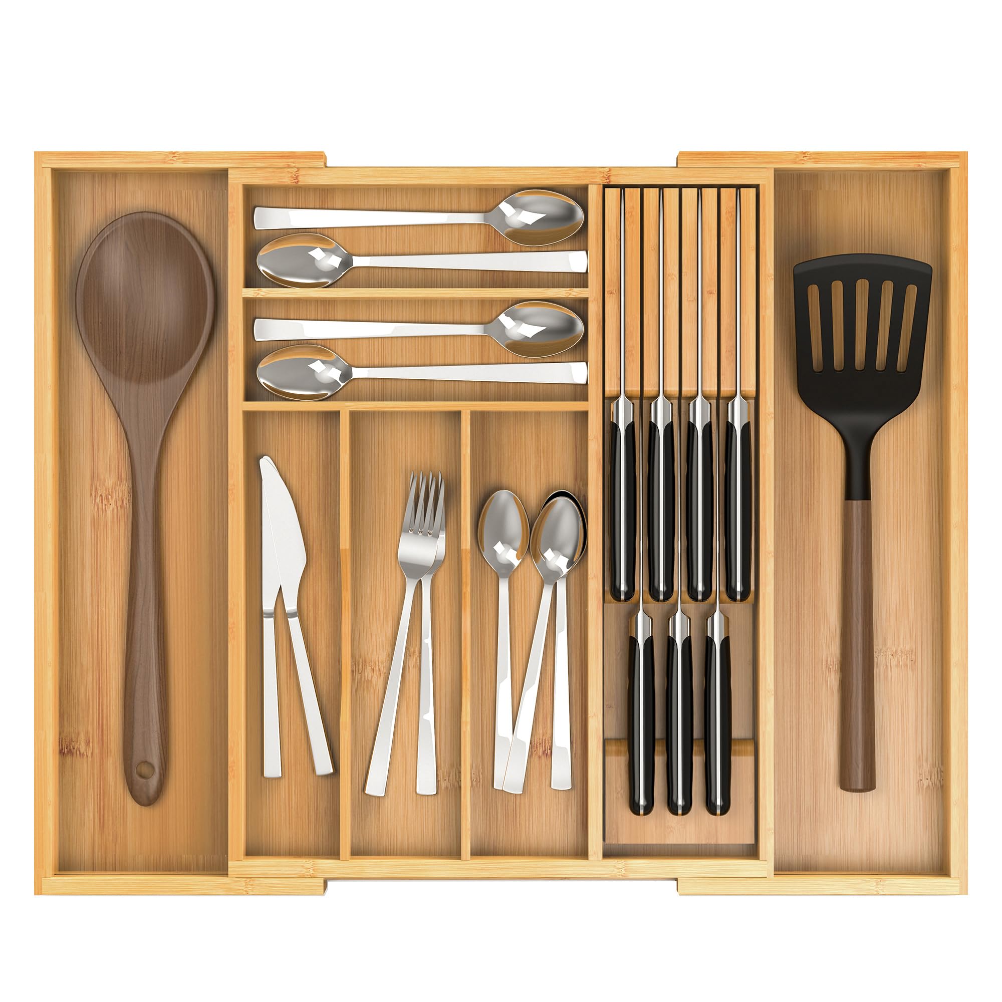 Photo 1 of **INCOMPLETE** Thalomely Bamboo Kitchen Drawer Organizer, Expandable Utensil Organizer with Removable Knife Block, Cutlery Tray Holder with Divider, Adjustable Silverware Organizer, Wood Tableware Dividers Storage